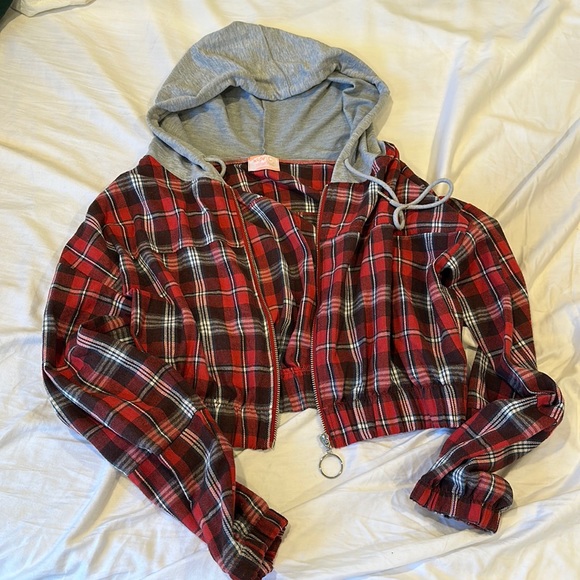 Red Cropped Flannel Zip-Up with silver circle zipper and grey hood - Picture 2 of 4